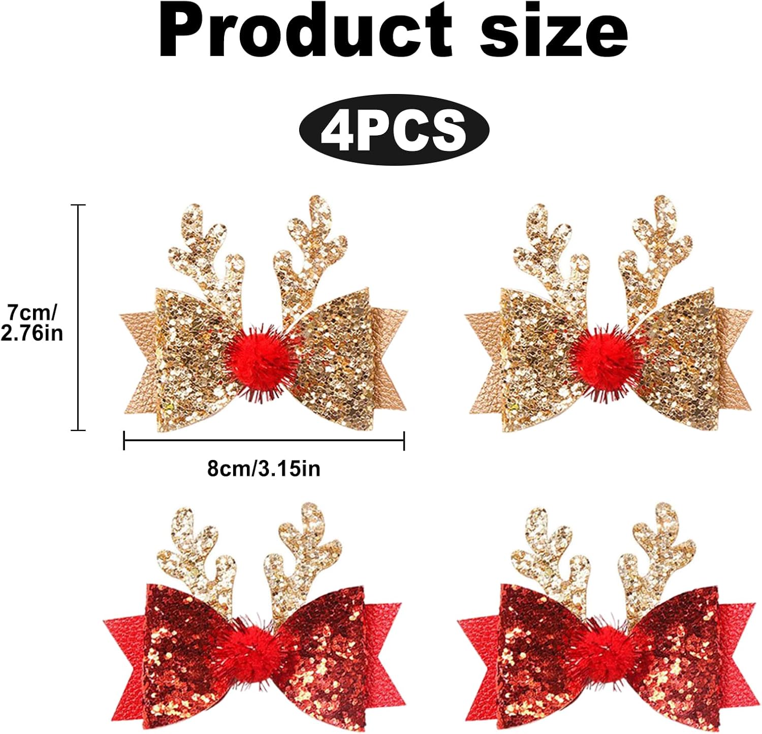 4 Pcs Christmas Hair Clips, Reindeer Antlers, Sequin Pins