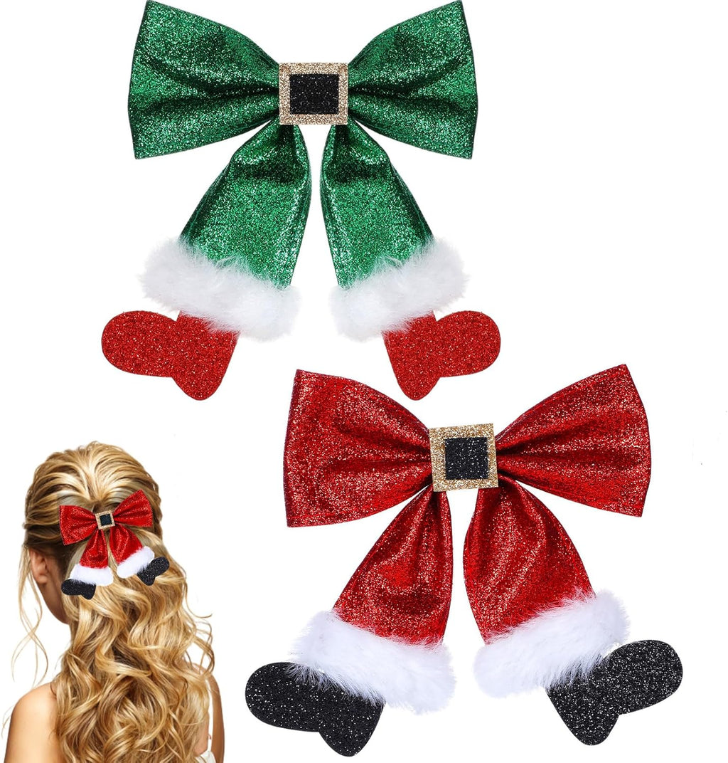 2 Pcs Christmas Hair Clips, Glitter Bows, Red & Green