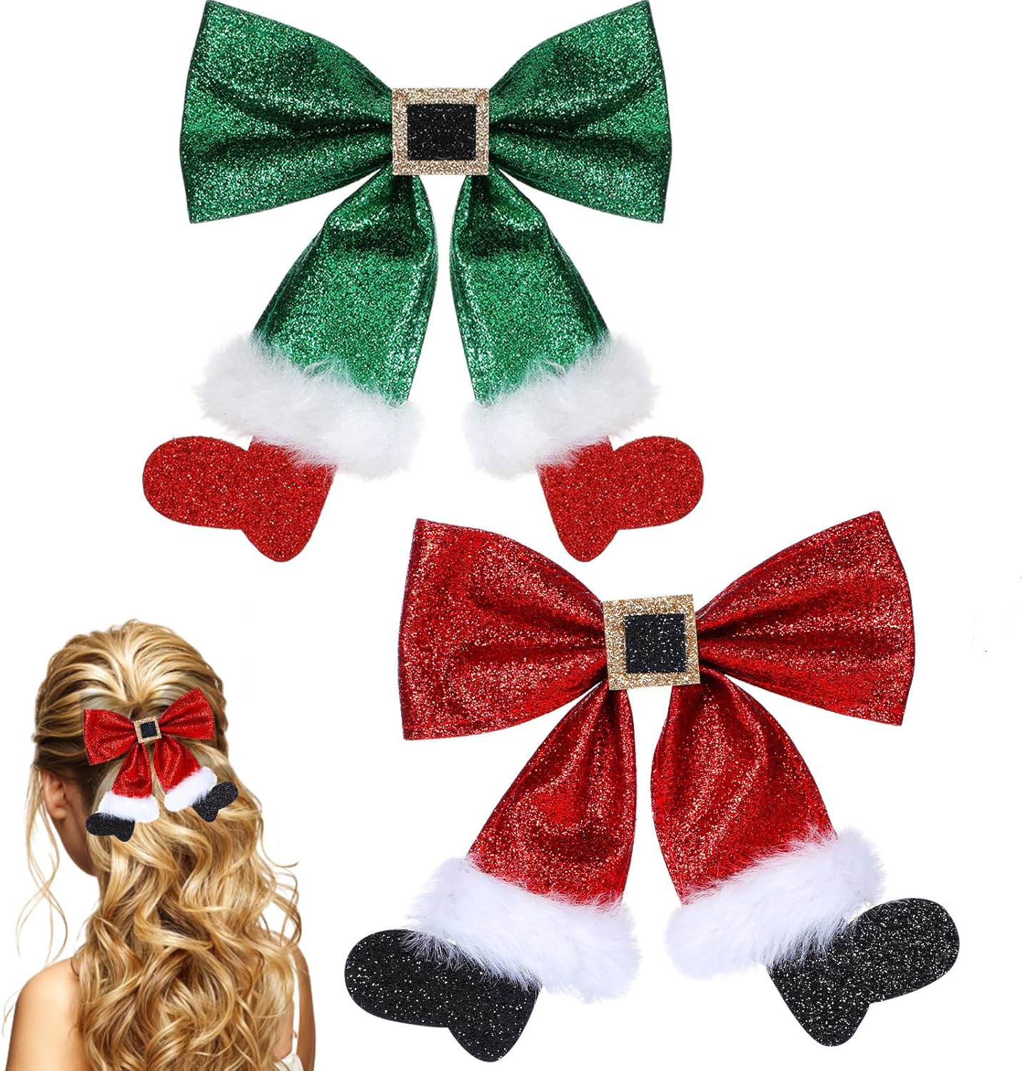 2 Pcs Christmas Hair Clips, Glitter Bows, Red & Green