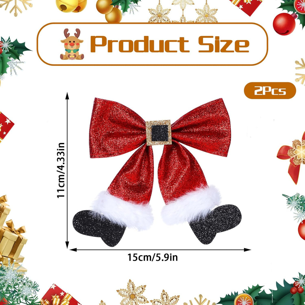 2 Pcs Christmas Hair Clips, Glitter Bows, Red & Green