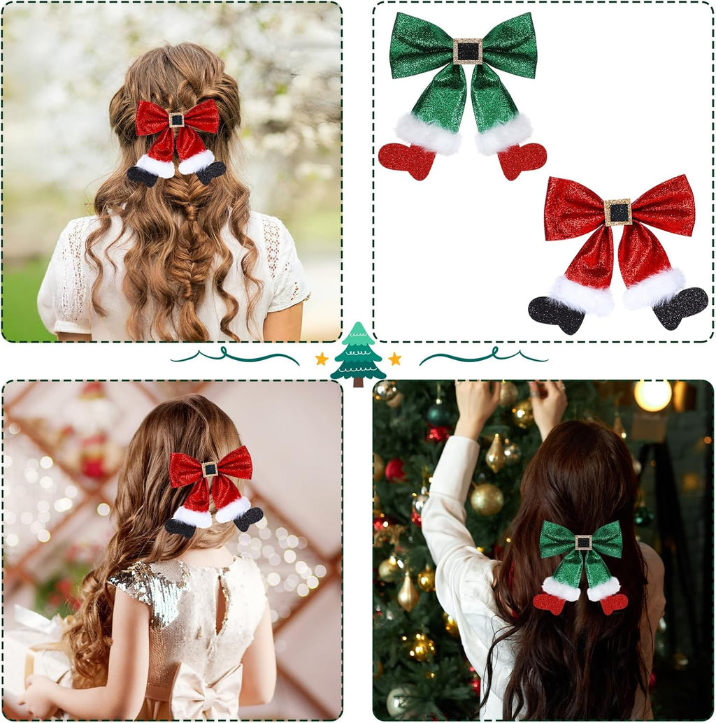 2 Pcs Christmas Hair Clips, Glitter Bows, Red & Green